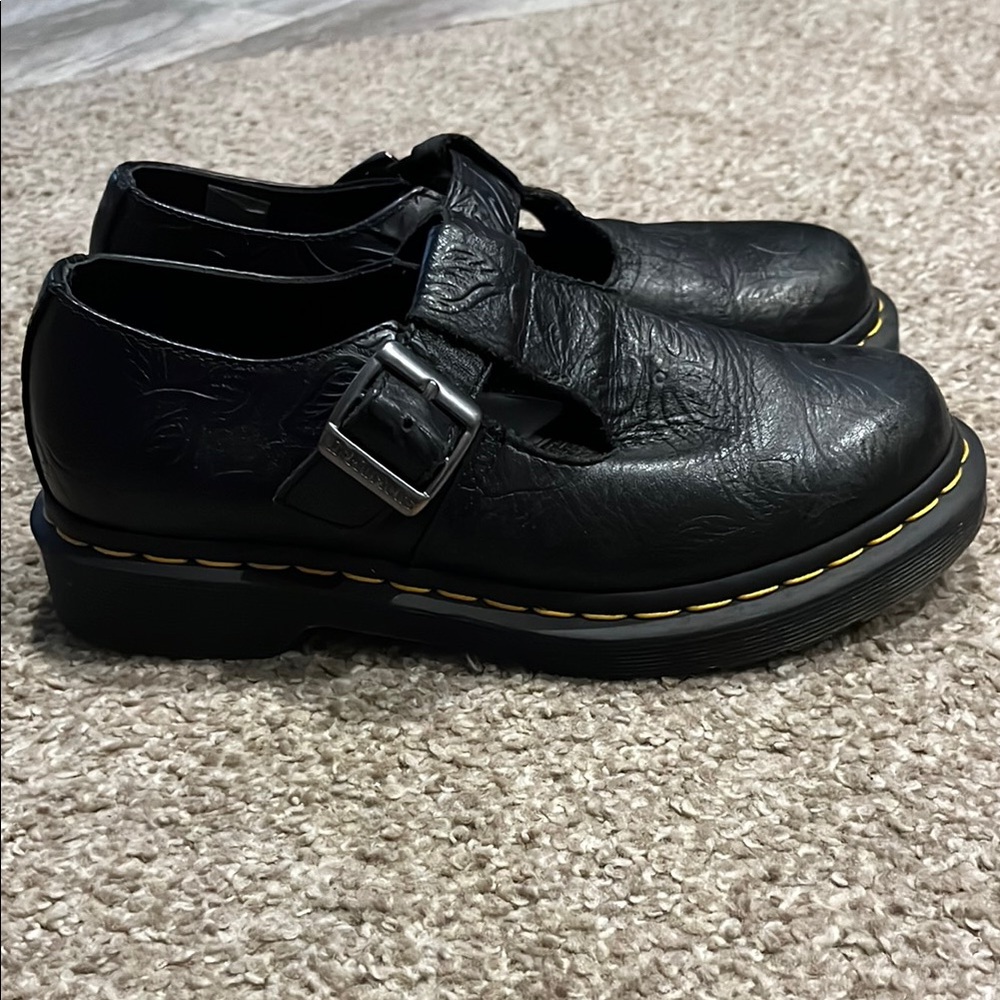 Vintage Dr. Martens Mary Jane Tooled Floral Black Leather Buckle Shoes Size 7